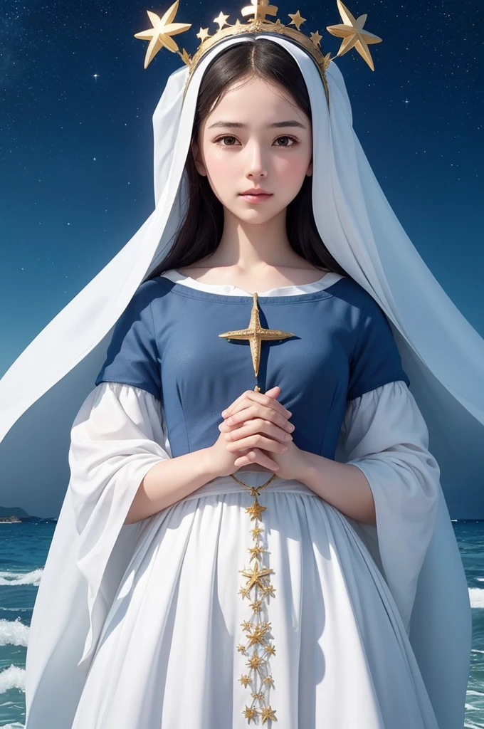 Create Our Lady of Navigators, simple, sweet and pure,with a star on your chest, with a crown of twelve stars, and with arms open and covered with a light blue dress,on top of the sea waves. Your white veil covers your hair. Your hands call for welcome 

