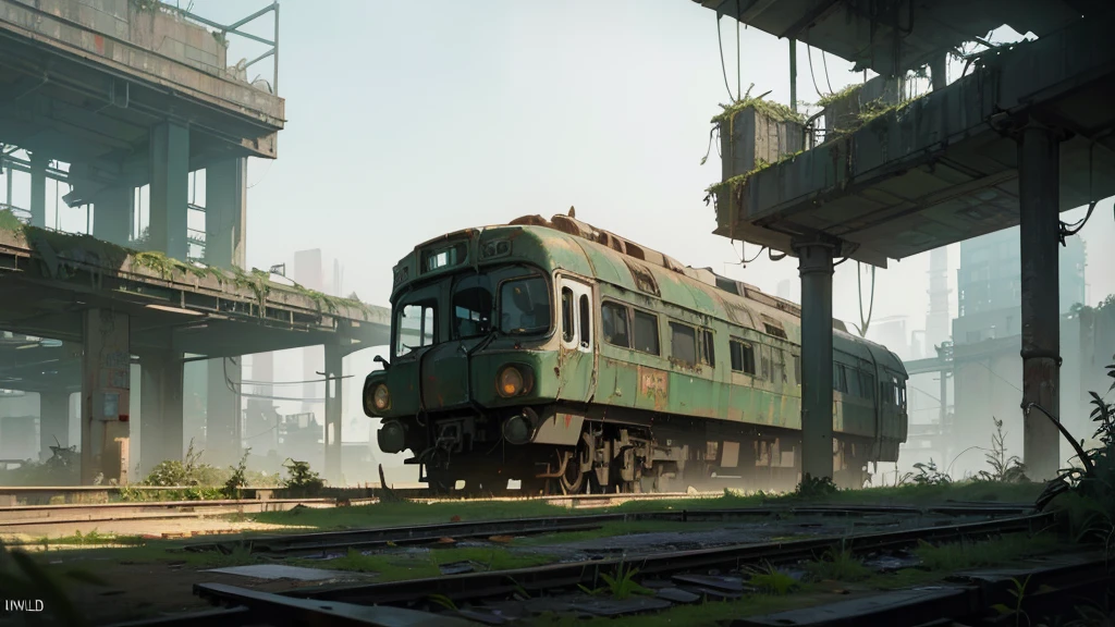 A futuristic, abandoned train station, overgrown with plants, in the middle of an also abandoned futuristic city, (best quality,4k,8k,highres,masterpiece:1.2),ultra-detailed,(realistic,photorealistic,photo-realistic:1.37),cinematic composition, dramatic lighting, moody atmosphere, intricate architectural details, dilapidated structures, crumbling walls, moss-covered surfaces, dynamic camera angle, post-apocalyptic, cyberpunk, muted color palette, abandoned city, urban exploration, abandoned architecture, futuristic cityscape
