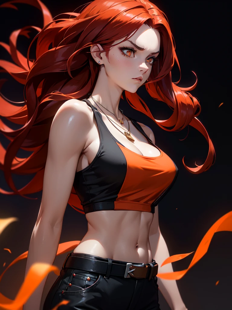 (((Portrait Photo))), She has a Fierce, Determined Appearance of a -Yeld, w a Slim yet Strong Build, Exuding Confidence and Power. Her Long, Flowing Red Hair, Styled in Loose Waves, Cascades Down Her Back, Framing Her Face with Intense Energy. Her Piercing Orange Eyes, Glowing Like Embers, Radiate a Resolute and Commanding Presence. She Wears a High-waisted Paper Bag Shorts with a Tucked-in Tank Top, Accessorized with a Wide Belt, and a Pendant Necklace. (((High Quality, Dark Background))), (((Portrait Photo)))