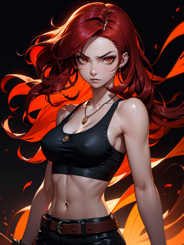 (((Portrait Photo))), She has a Fierce, Determined Appearance of a 17-Year-Old, with a Slim yet Strong Build, Exuding Confidence and Power. Her Long, Flowing Red Hair, Styled in Loose Waves, Cascades Down Her Back, Framing Her Face with Intense Energy. Her Piercing Orange Eyes, Glowing Like Embers, Radiate a Resolute and Commanding Presence. She Wears a High-waisted Paper Bag Shorts with a Tucked-in Tank Top, Accessorized with a Wide Belt, and a Pendant Necklace. (((High Quality, Dark Background))), (((Portrait Photo)))