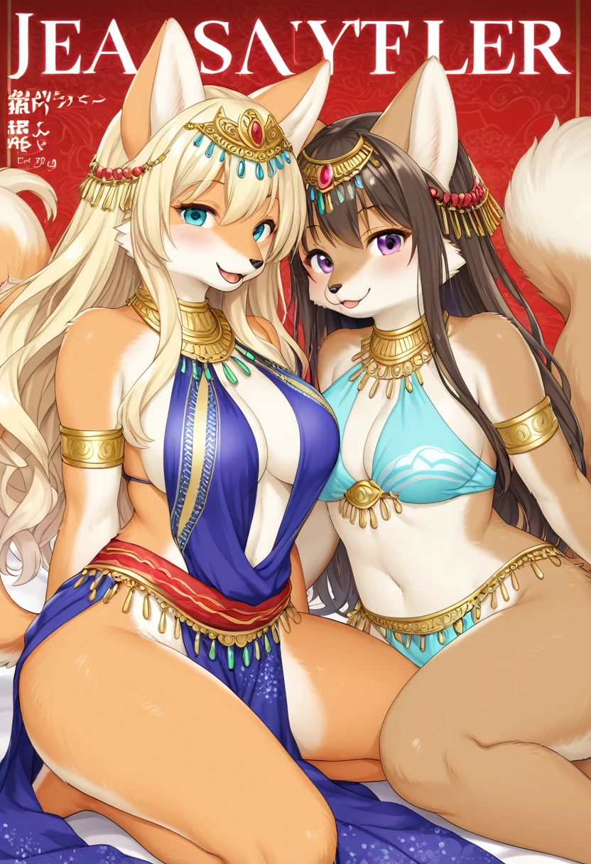 doujinshi cover_page, highres, top quality, best quality, paid reward available, unparalleled masterpiece, perfect artwork, absurdres, High-quality illustrations, super high resolution, detailed background, perfect anatomy(1girl, 1boy, couple, kemono, furry anthro, fearless smile, Arab national costume, love romance)The Arabian Nights, Alf Laylah wa Laylah,