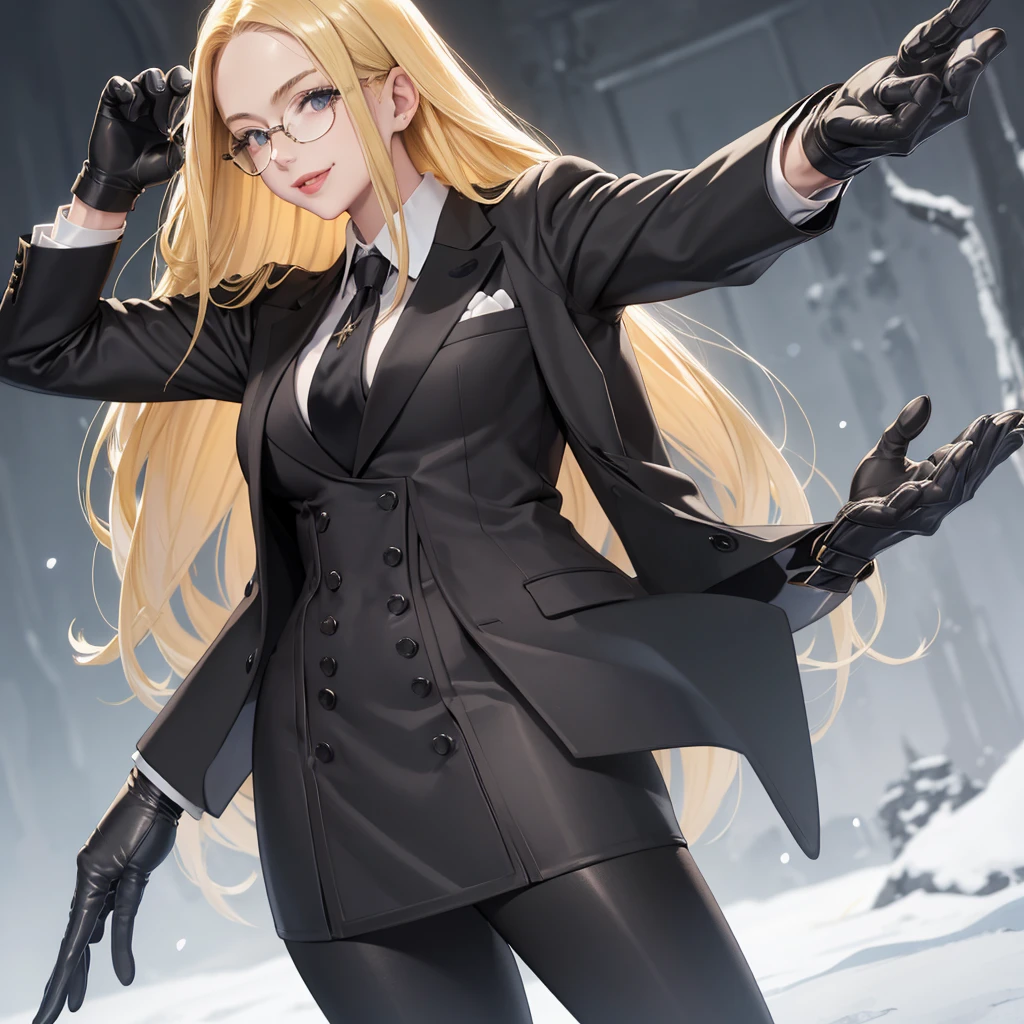 masterpiece, best quality, blonde hair, sfKolin, glasses, black shiny skirt suit, (((three-piece suit))), necktie, blazer, suit jacket, waistcoat, bodycon skirt, snow, grey sky, black gloves, holding clipboard, smiling, looking at viewer,