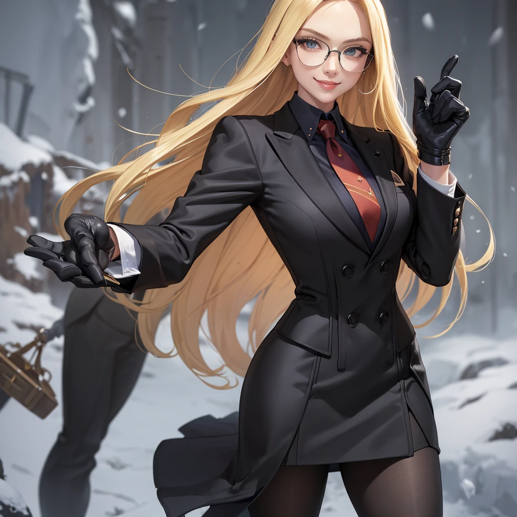 masterpiece, best quality, blonde hair, sfKolin, glasses, black shiny skirt suit, (((three-piece suit))), necktie, blazer, suit jacket, waistcoat, bodycon skirt, snow, grey sky, black gloves, holding clipboard, smiling, looking at viewer,