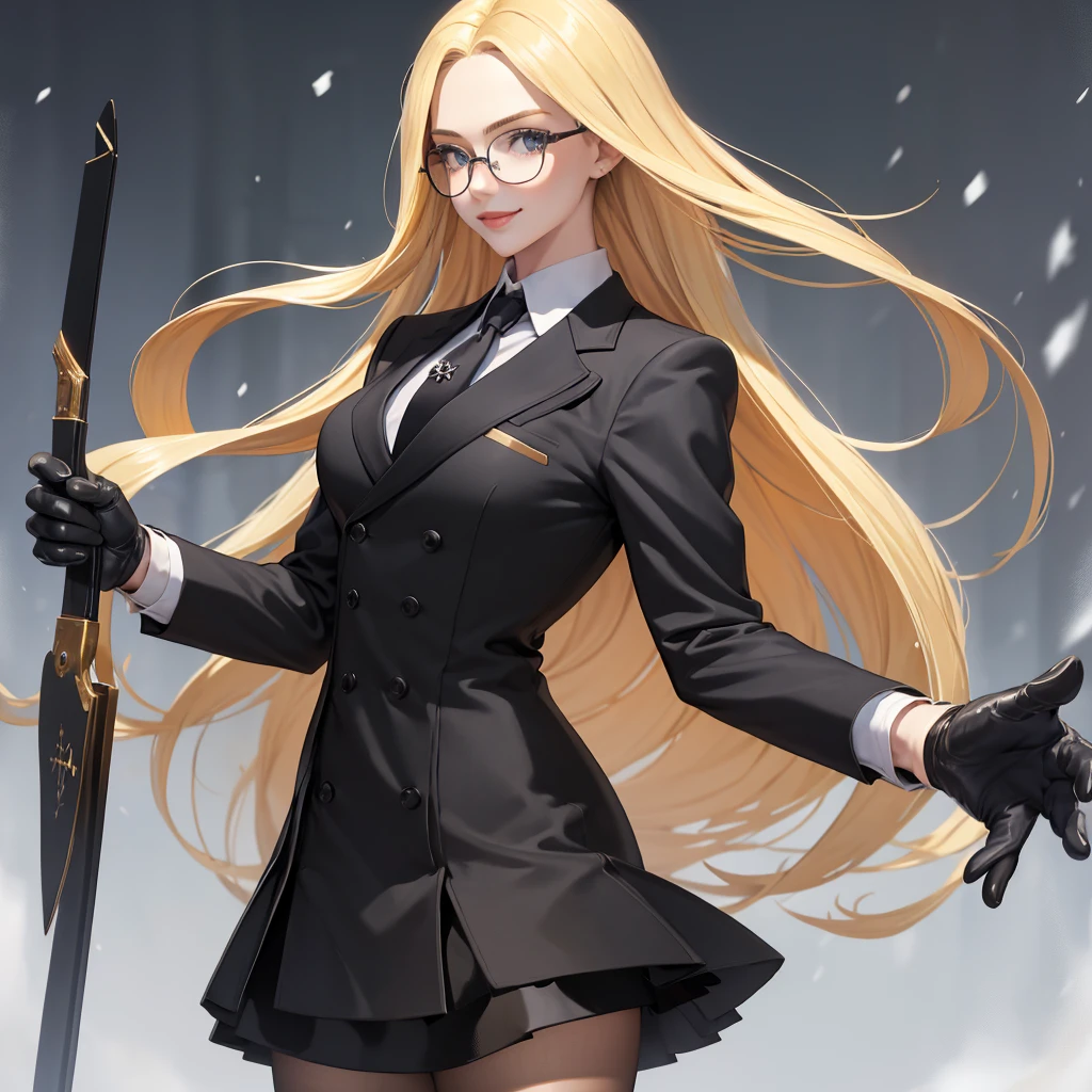 masterpiece, best quality, blonde hair, sfKolin, glasses, black shiny skirt suit, (((three-piece suit))), necktie, blazer, suit jacket, waistcoat, bodycon skirt, snow, grey sky, black gloves, holding clipboard, smiling, looking at viewer,