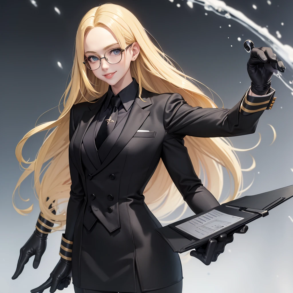 masterpiece, best quality, blonde hair, sfKolin, glasses, black shiny skirt suit, (((three-piece suit))), necktie, blazer, suit jacket, waistcoat, bodycon skirt, snow, grey sky, black gloves, holding clipboard, smiling, looking at viewer,