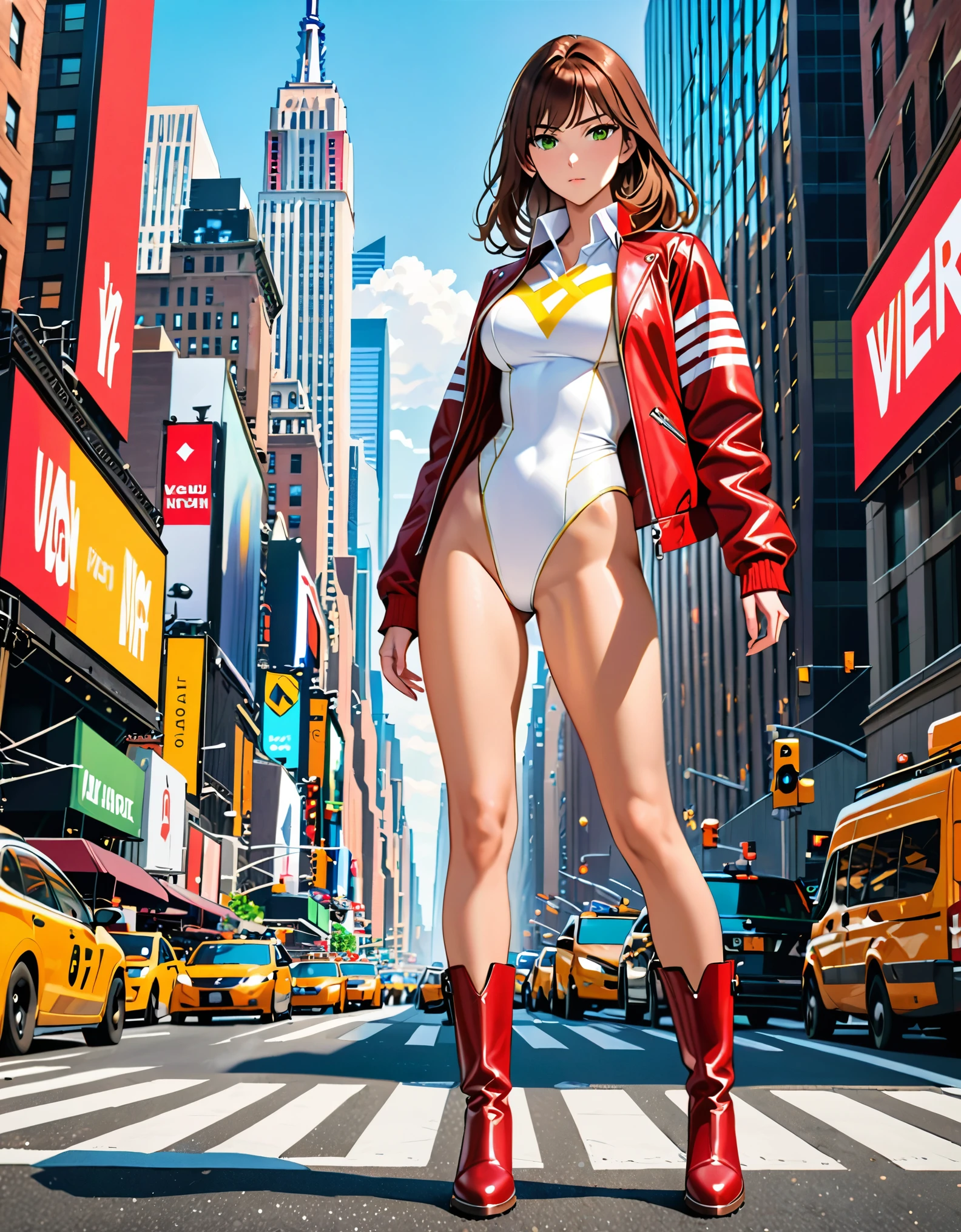 (masterpiece), (best quality), (high res), 1lady, tall body, beautiful detailed eyes, beautiful detailed face, serious, perfect hands, complete fingers, perfect ???????, perfect proportions, ((brown hair, medium hair, hair down)), ((green eyes)), ((leotard, white leotard, matching leotard)), ((white dress collar, open collar)), ((bare legs)), ((boots, matching boots, ankle-high boots, red boots)), breasts, medium breasts, (full body portrait), looking at viewer, (solo, solo focus), standing, one hand on hip, cowboy shot, new york backdrop, ((yellow V (symbol) on chest)), ((red leather jacket, open jacket)), full body costume design.
