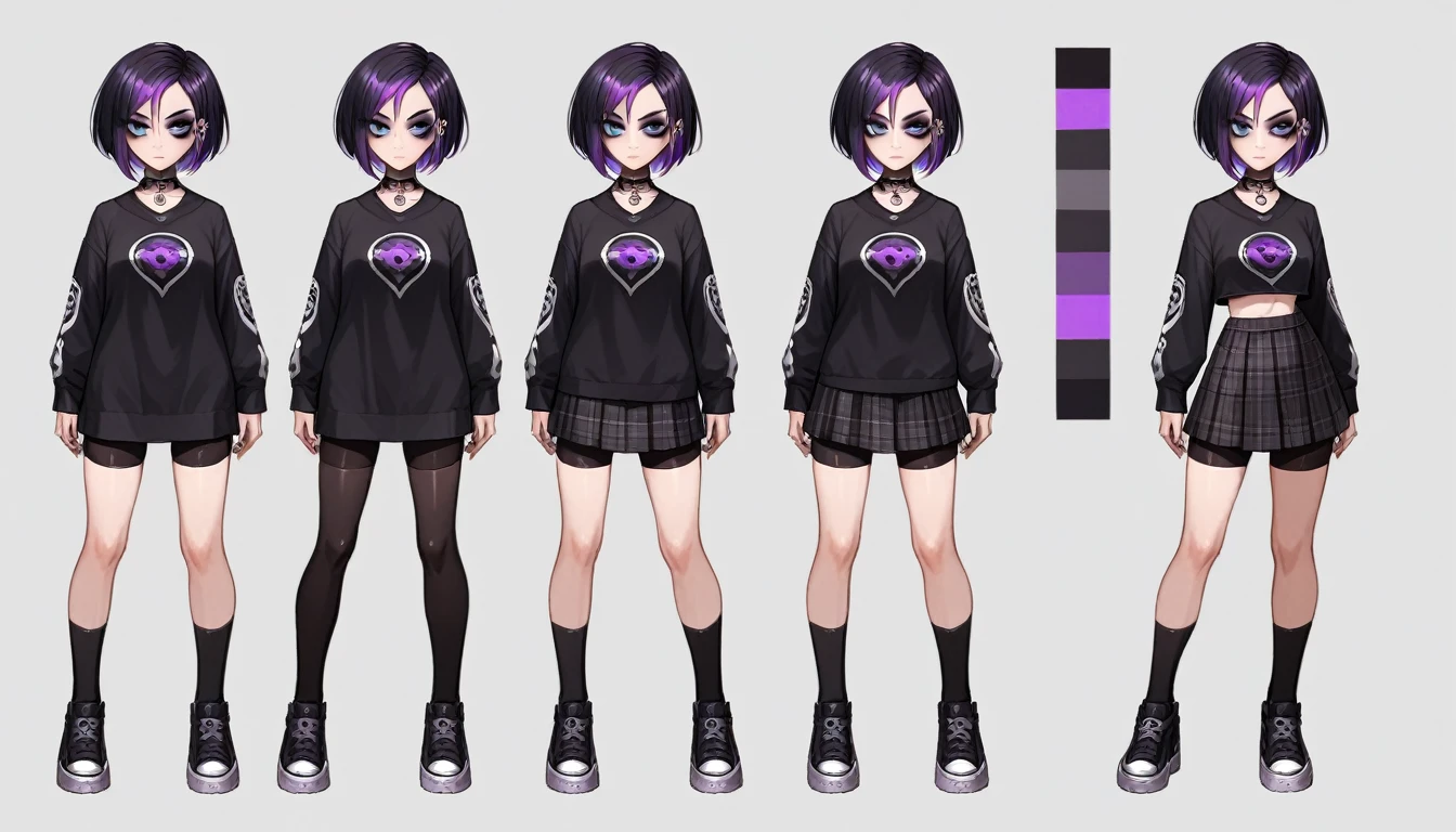 Solo, score_9,score_8_up,score_7_up, source_girl, goth girl, teenage female, black hair, goth style hair, wearing black bike shorts, black spandex shorts, 1.3, goth makeup, fishnet, wearing school clothes, school outfit, standing, solo, full body, blue eyes, , plaid skirt, black spandex shorts, (short hair), character design, paper doll sheet, (purple highlights), Black and purple hair,