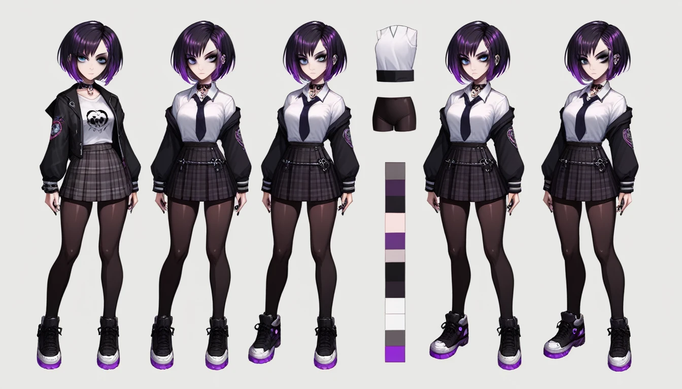 Solo, score_9,score_8_up,score_7_up, source_girl, goth girl, teenage female, black hair, goth style hair, wearing black bike shorts, black spandex shorts, 1.3, goth makeup, fishnet, wearing school clothes, school outfit, standing, solo, full body, blue eyes, , plaid skirt, black spandex shorts, (short hair), character design, paper doll sheet, (purple highlights), Black and purple hair,