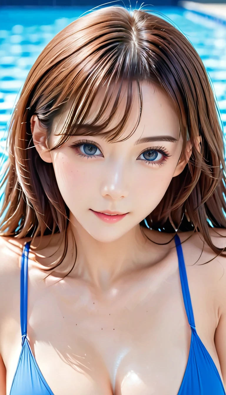 高いquality illustration, masterpiece, (Leaning forward and looking into the camera:1.4)、Very delicate and beautiful, One Japanese woman、Attractive girl,Beautiful brown hair、Dark Eyes、(Competitive swimming suits,), thin, Slender body,slim, Poolside Background、Perfect Makeup、Princess, Beautiful Eyes, A light smile, (masterpiece, Highest quality:1.2), High res, Very detailed CG ユニティ 8k 壁紙, Perfect lighting, colorful, Ultra-high res,4K,Very detailed, photograph, 8k, High resolution, Age 27,Cowboy Shot、Detailed face、Detailed eyes、Symmetrical eyes、