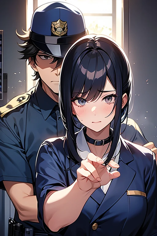 Create an anime-style image of a male police officer being transformed into a female like a curse..