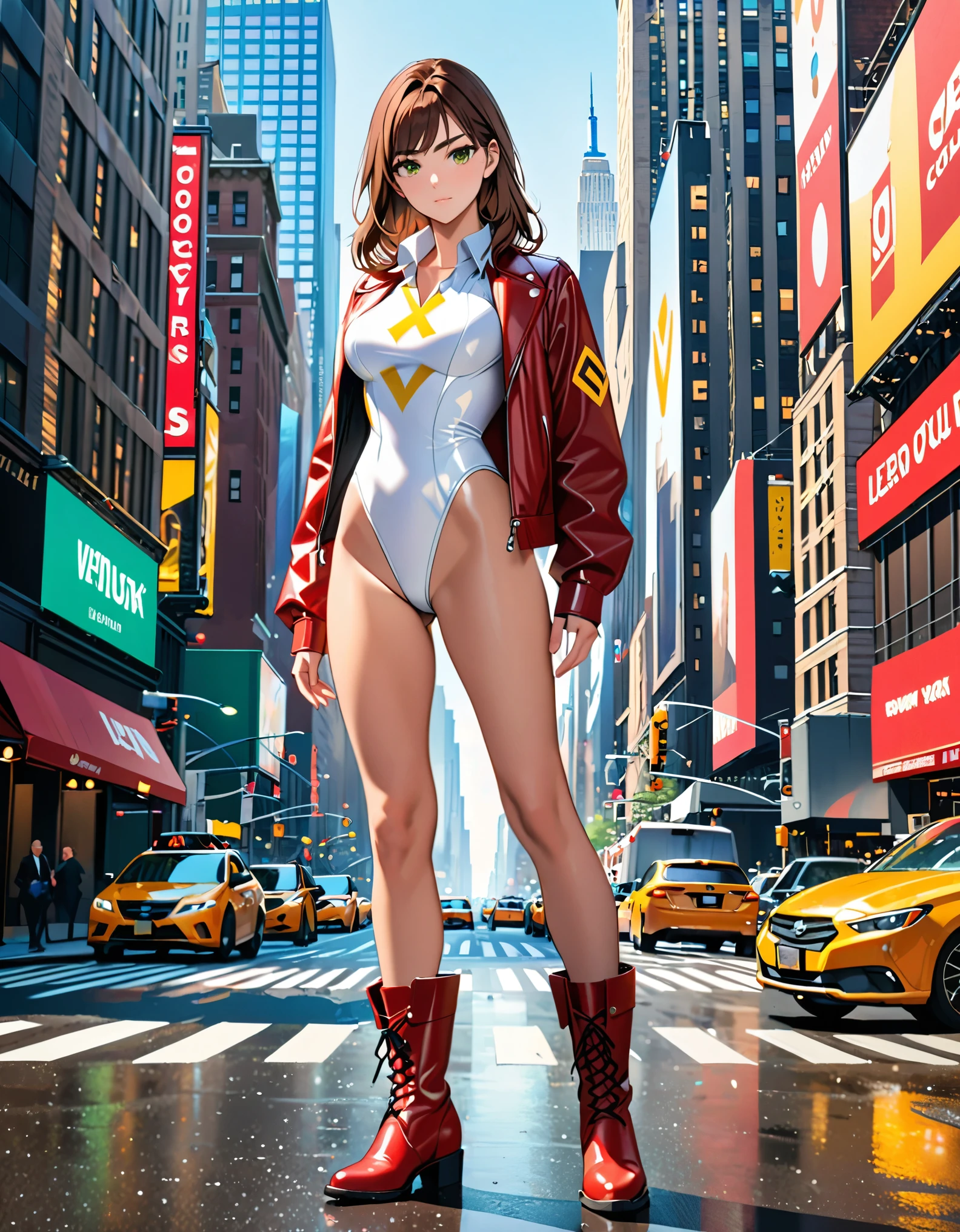 (masterpiece), (best quality), (high res), 1lady, tall body, beautiful detailed eyes, beautiful detailed face, serious, perfect hands, complete fingers, perfect anatomy, perfect proportions, ((brown hair, medium hair, hair down)), ((green eyes)), ((leotard, white leotard, matching leotard)), ((white dress collar, open collar)), ((bare legs)), ((boots, matching boots, ankle-high boots, red boots)), breasts, medium breasts, (full body portrait), looking at viewer, (solo, solo focus), standing, one hand on hip, cowboy shot, new york backdrop, ((yellow V (symbol) on chest)), ((red leather jacket, open jacket)), full body costume design.
