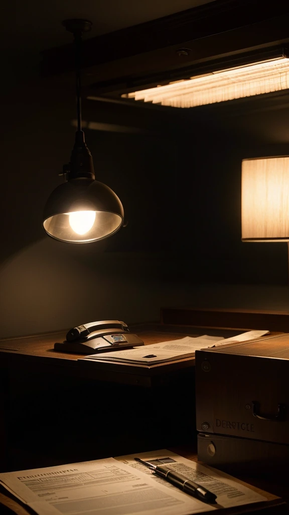 Create an image that represents a spy environment with a desk full of old files and confidential documents. Include the word "CLASSIFIED" stamped prominently on some of the documents. The scene should convey a sense of mystery and secrecy, with subtle lighting and shadows to enhance the clandestine atmosphere.