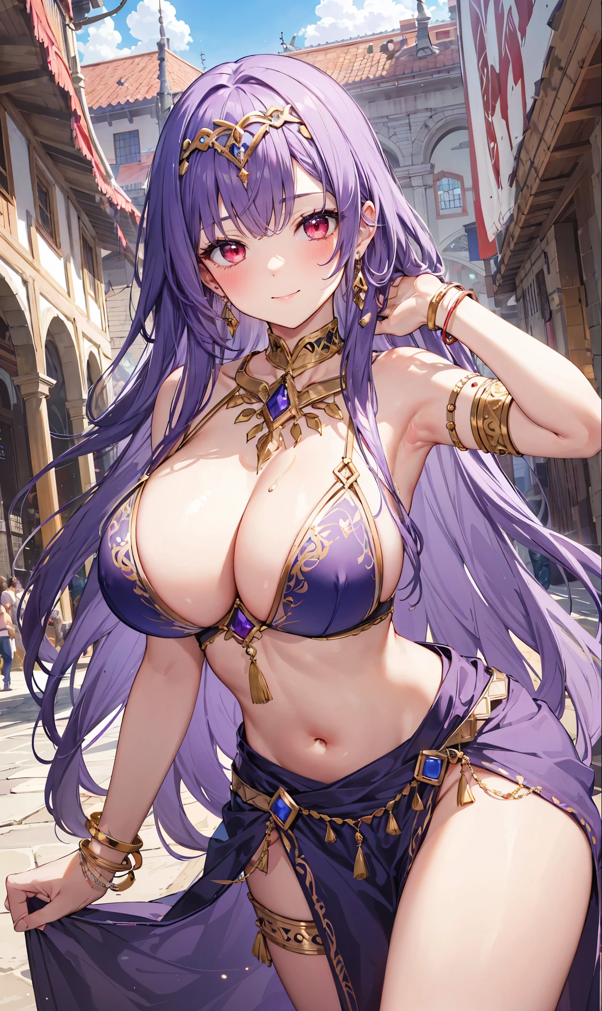 high quality, ultra detailed, best quality, insanely detailed, beautiful, masterpiece, 1girl, medieval plaza, cowboy shot, red eyes, long hair, purple hair, belly dancer, circlet, earrings, armlets, bracelets, bashful smile, large breasts, cleavage, soft stomach
