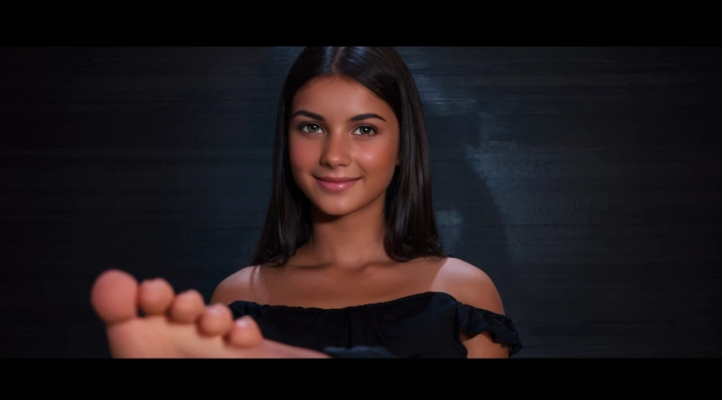 photorealistic, photo, pretty brunette young woman, barefoot, smiling, browneyes, straight black hair, lightly tan skin