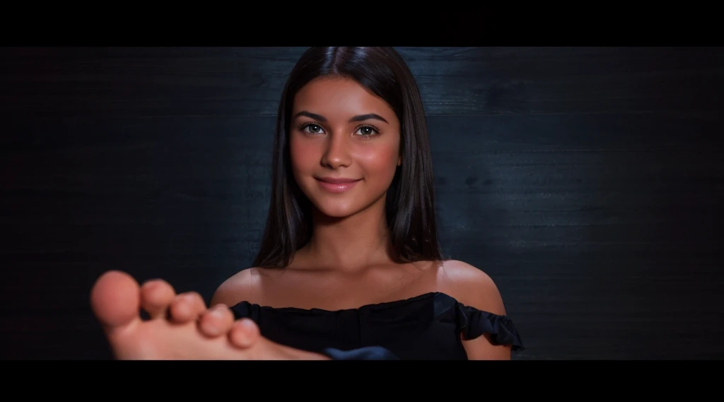 photorealistic, photo, pretty brunette young woman, barefoot, smiling, browneyes, straight black hair, lightly tan skin
