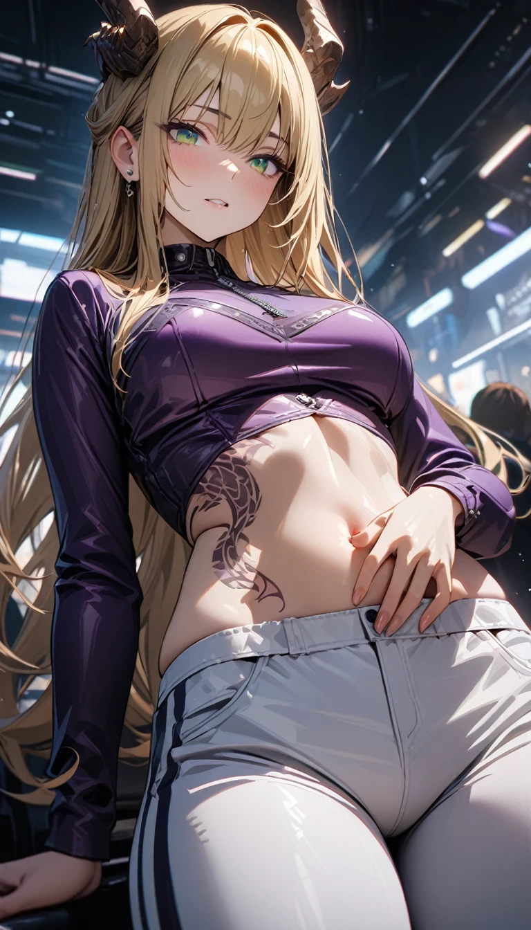 Adult girl, long blonde hair, dragon horns, green eyes, tight white trousers, purple leather top, long sleeves, open belly, tattoo, Masterpiece, best quality, Full HD, 8k, ultra details, great graphic