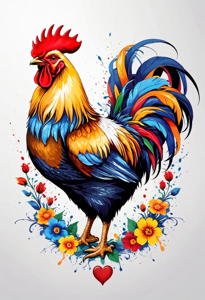 vector art heart with flowers, colorful illustration barcelos rooster in the center, Paint splashes and stains, White background. high détail, t-shirt designs (work of art, best qualityer, proffesional, perfect composition, very aesthetic, absurdrez, super verbose, details Intricate: 1.3