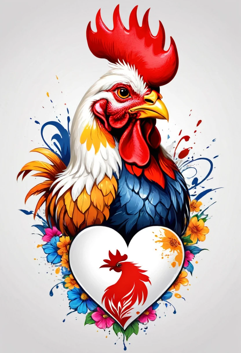 vector art heart with flowers, colorful illustration barcelos rooster in the center, Paint splashes and stains, White background. high détail, t-shirt designs (work of art, best qualityer, proffesional, perfect composition, very aesthetic, absurdrez, super verbose, details Intricate: 1.3