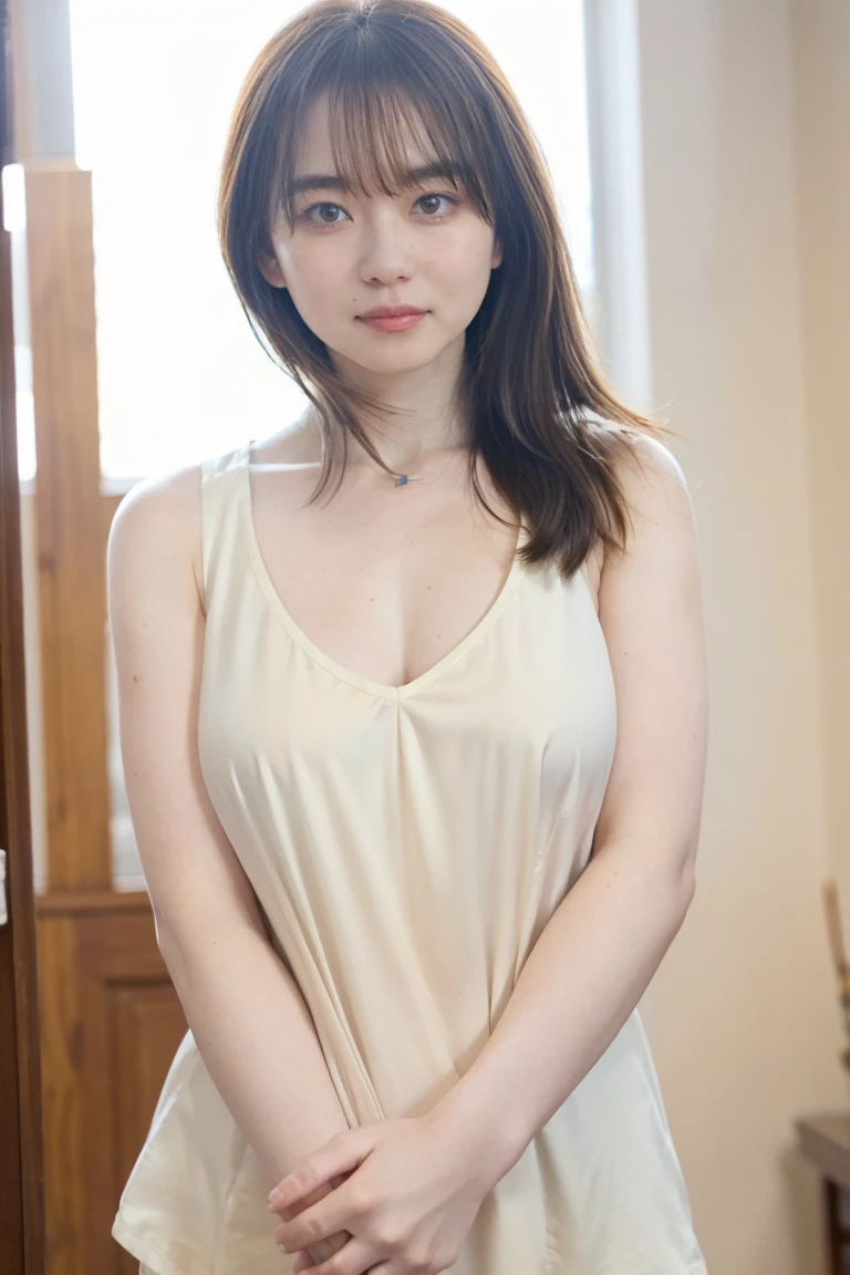 slender, mature Japanese female, 1girl, sitting, cushion, long Hair, brown hair, bangs, nose, indoors, brown_hair, large_breasts, solo, bangs, wing_collar, eyebrows_visible_through_hair, Negligee, half-smile, profile, Showcasing cleavage, Tank Top, (nipple)