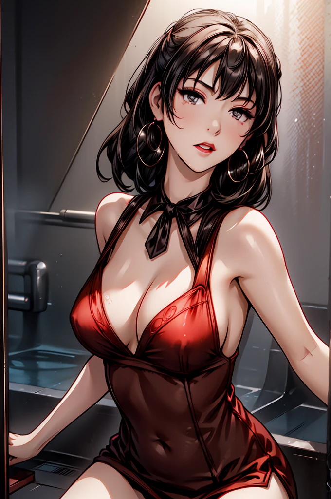 (8K HDR photorealistic pic), Betty Boop, short, althetic, curvy lady, ((tight little red dress)), dark eyebrows, black lipstick, (hoop earrings), dark eyeshadow, black lipstick, curvy, busty, (curly short black hair), shortstack, (retroussé breasts), darling figure, (supple pouting breasts), firm thighs, hourglass figure, kerchief, big brown eyes, dancing seductively