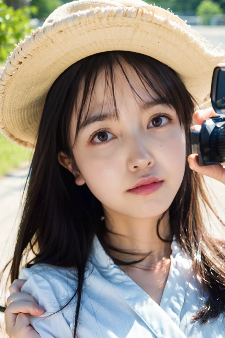 (Highest quality、High resolution、8k、masterpiece:1.55、Film Grain)、((Full body photography:1.0))、Japanese women、A woman with a cute upward gaze、Tank top with loose chest、Full body photography:1.33、Stylish clothes that show off your body lines and look great on Instagram、No underwear:1.88、Light brown hair、cute、Lens flare、((Nice style))、Highly detailed photos、Very beautiful and ideal、Super no makeup、(8k、RAW Photos、Highest quality、masterpiece:1.2)、(Realistic)、1 girl、((Looking into the camera:1.4))、Hair blowing in the wind
