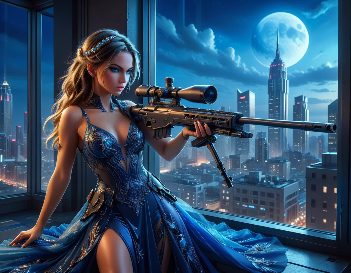 a portrait picture of a 1single woman sniper, standing in a window aiming a sniper rifle, an exotic beautiful woman sniper, dynamic hair, braided hair, full body shop, intense blue eyes, ultra detailed face, wearing (intricate evening dress: 1.5), elegant dress, dynamic color, dynamic style, wearing elegant stiletto heels , behind a window in a tall building at nigh, aiming a Light Sniper Rifle , cyberpunk city background, its night time, moon rays, some clouds,  (full body shot: 1.1) , vibrant, Ultra-high resolution, High Contrast, (masterpiece:1.5), highest quality, Best aesthetics), best details, best quality, highres, ultra wide angle, 16k, [ultra detailed], masterpiece, best quality, (extremely detailed) Sniper Rifle, evening dress
