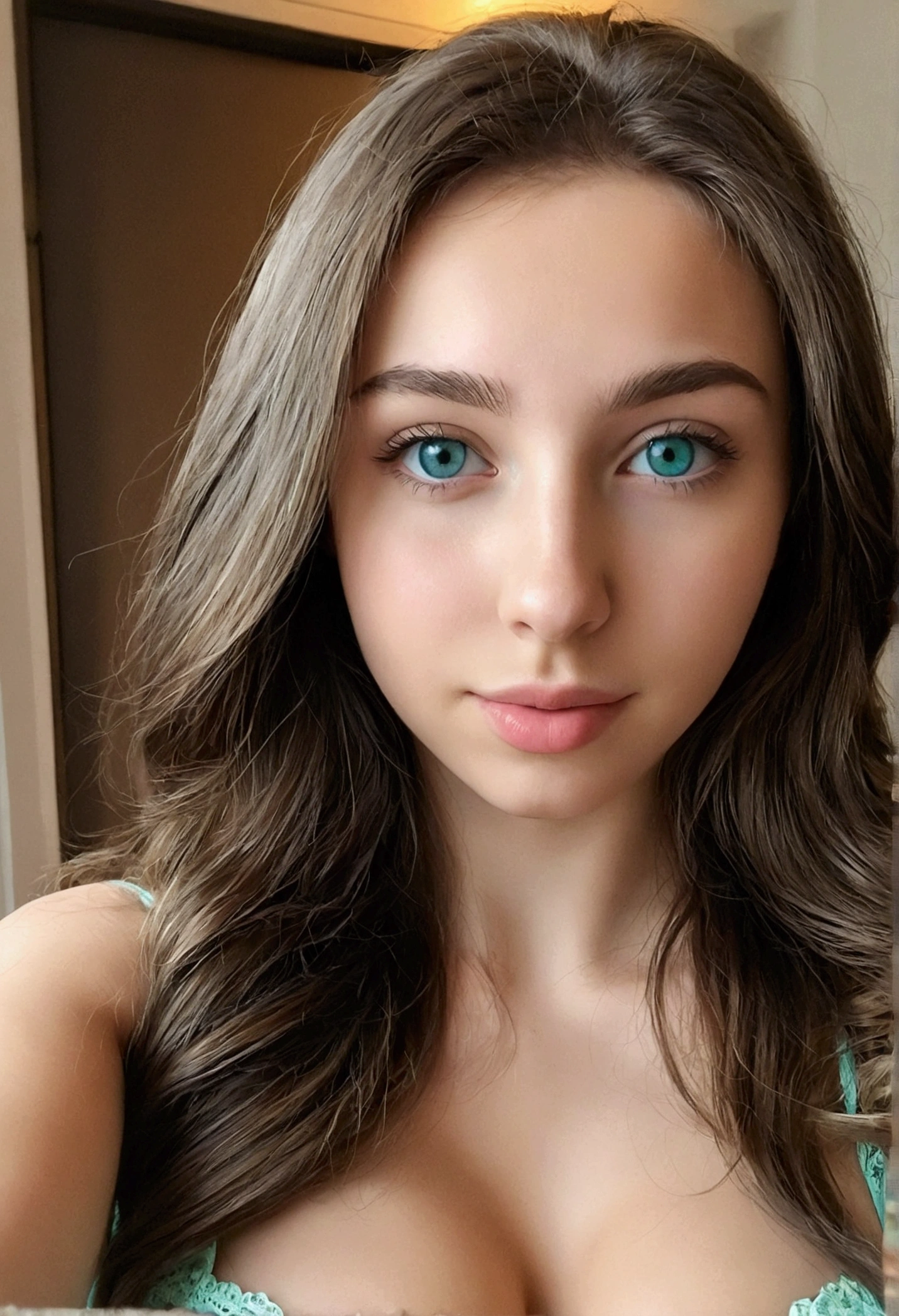 Please create a selfie of a young woman where we can see her bust. Her name is Leyla. She is 20 years old. She has blue-green eyes with big breasts and a delicious mouth.