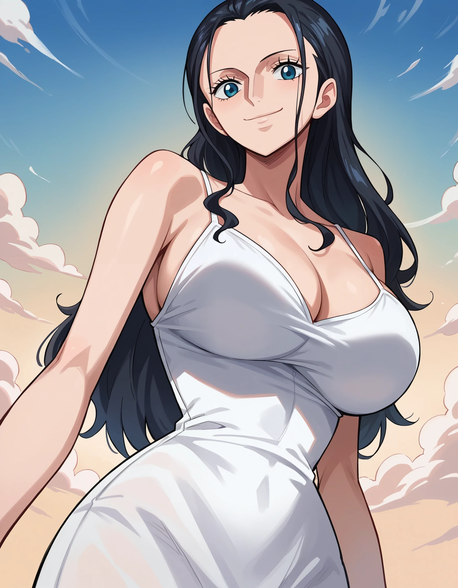 score_9, score_8_up, score_7_up, source_anime, best quality, clear face, 1girl, Nico Robin, black hair, long hair, blue eyes, large breasts, white camisole, cleavage, smile, looking at viewer, sky, standing, dynamic angle, low angle