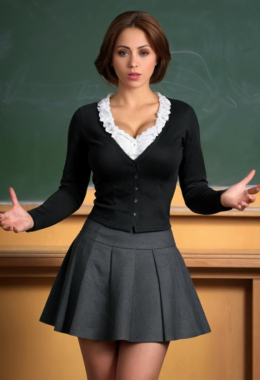 School blackboard podium, Highest quality, shape, Very detailed, In detail, High resolution, 8k wallpaper, Perfect dynamic composition, Beautiful details,  Natural Lip, Tight skirt, Big Breasts,Cleavage，, She stood at the podium with a serious expression on her face...., A masterpiece of the whole body, Side Shot