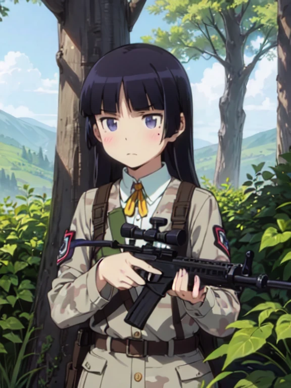 ruri gokou, (Ultra-high resolution), (masterpiece), (Attention to detail), (high quality), (最high quality) , 1 girl, alone, Hime cut, Long Hair, ((Sniper)), Sniperギア, Military vest, Camouflage Netting, Marksman, Mountainous Regions, deep green, Dark camouflage, Long Range Rifle, Forest Background, Lurking posture, Tactical Glasses, Anti-sniper, Harmony with the landscape, Sniper Spot, Digital Camouflage, Camouflage Face Paint, Precision Aiming, Forest Camouflage, evening, Suppressor