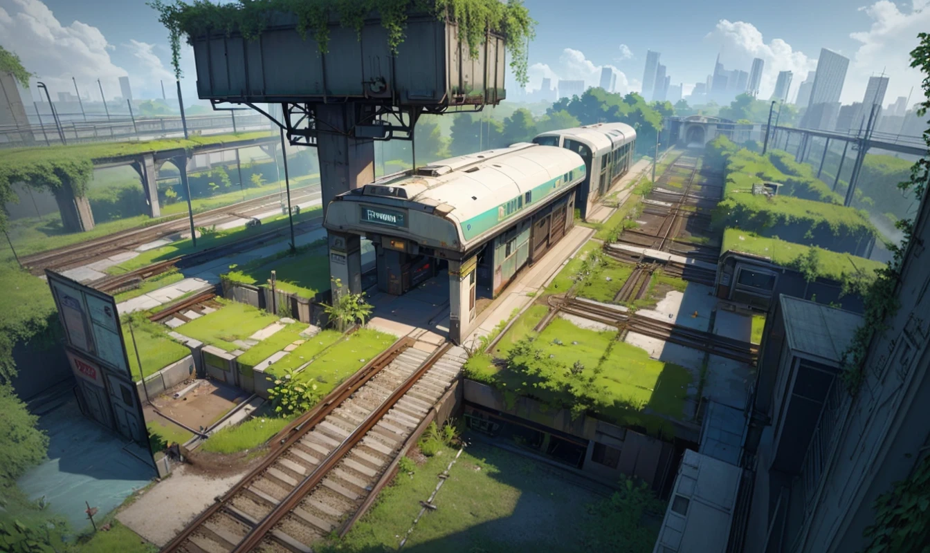 create a futuristic RPG scenario seen from above a train station and its abandoned railway amid time and plants taking over the entire scene. this scenario must be in a city that is equally abandoned and overgrown with vegetation