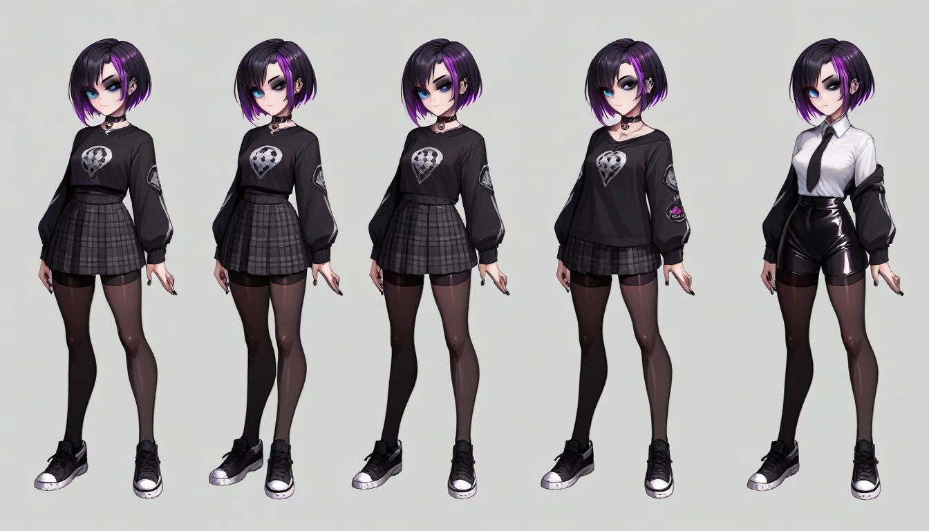 Solo, score_9,score_8_up,score_7_up, source_girl, goth girl, teenage female, black hair, goth style hair, wearing black bike shorts, black spandex shorts, 1.3, goth makeup, fishnet, wearing school clothes, school outfit, standing, solo, full body, blue eyes, , plaid skirt, black spandex shorts, (short hair), character design, paper doll sheet, (purple highlights), Black and purple hair,