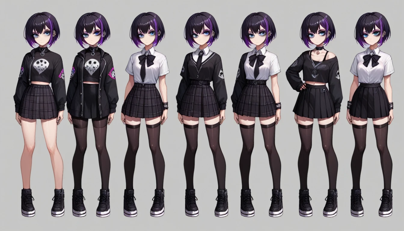 Solo, score_9,score_8_up,score_7_up, source_girl, goth girl, teenage female, black hair, goth style hair, wearing black bike shorts, black spandex shorts, 1.3, goth makeup, fishnet, wearing school clothes, school outfit, standing, solo, full body, blue eyes, , plaid skirt, black spandex shorts, (short hair), character design, paper doll sheet, (purple highlights), Black and purple hair,