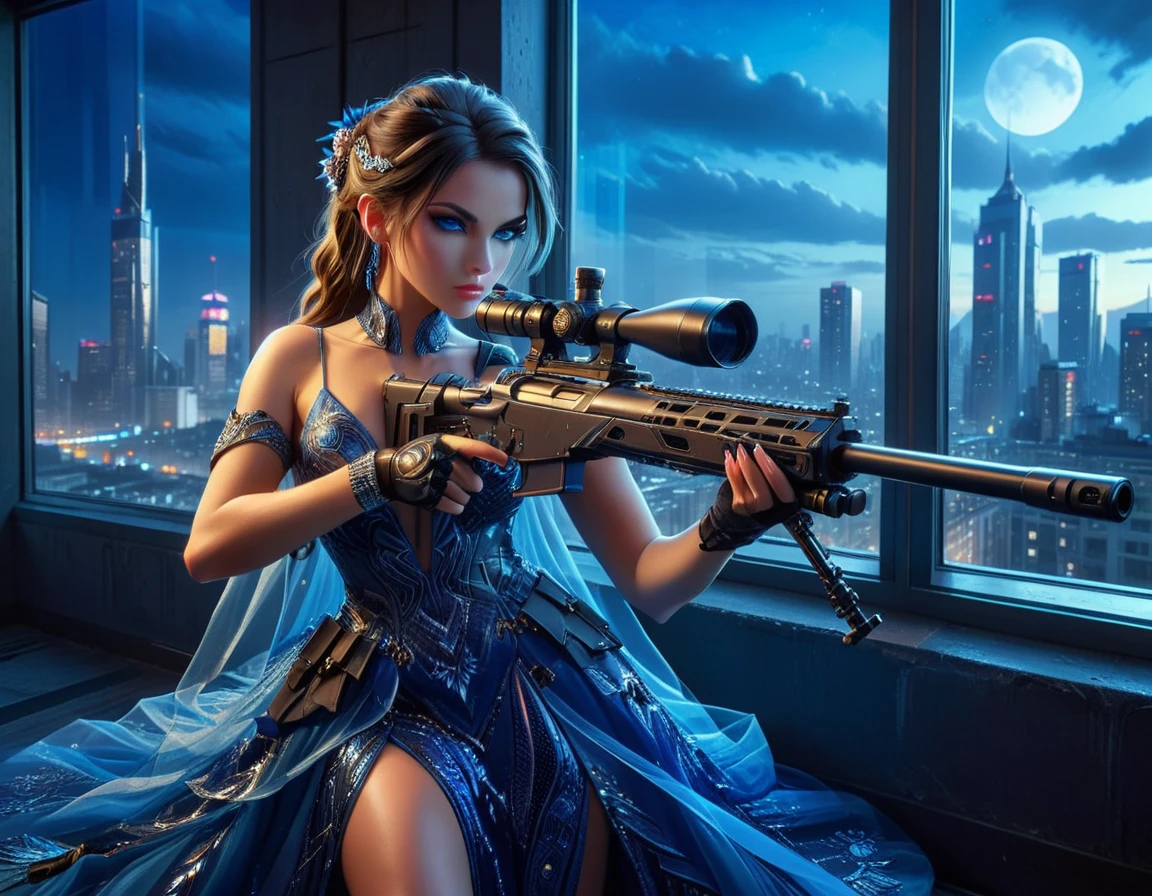 a portrait picture of a 1single woman sniper, standing in a window aiming a sniper rifle, an exotic beautiful woman sniper, dynamic hair, braided hair, full body shop, intense blue eyes, ultra detailed face, wearing (intricate evening dress: 1.5), elegant dress, dynamic color, dynamic style, wearing elegant stiletto heels , behind a window in a tall building at nigh, aiming a Light Sniper Rifle , cyberpunk city background, its night time, moon rays, some clouds,  (full body shot: 1.1) , vibrant, Ultra-high resolution, High Contrast, (masterpiece:1.5), highest quality, Best aesthetics), best details, best quality, highres, ultra wide angle, 16k, [ultra detailed], masterpiece, best quality, (extremely detailed) Sniper Rifle, evening dress