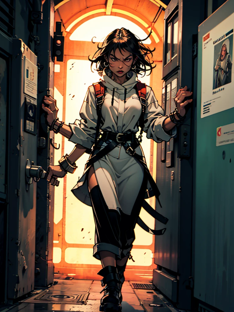 Scared distressed damsel walking woman big with hands cuffed, an alien portal towards the camera