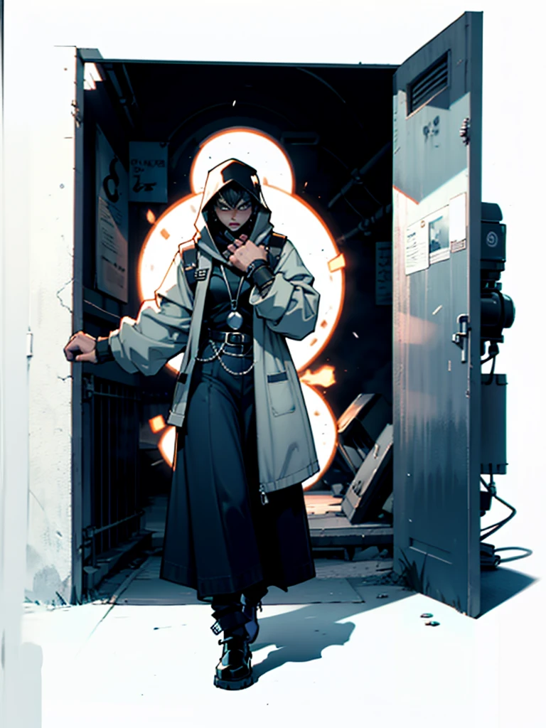 Scared distressed damsel walking woman big  with hands cuffed,  an alien portal towards the camera 