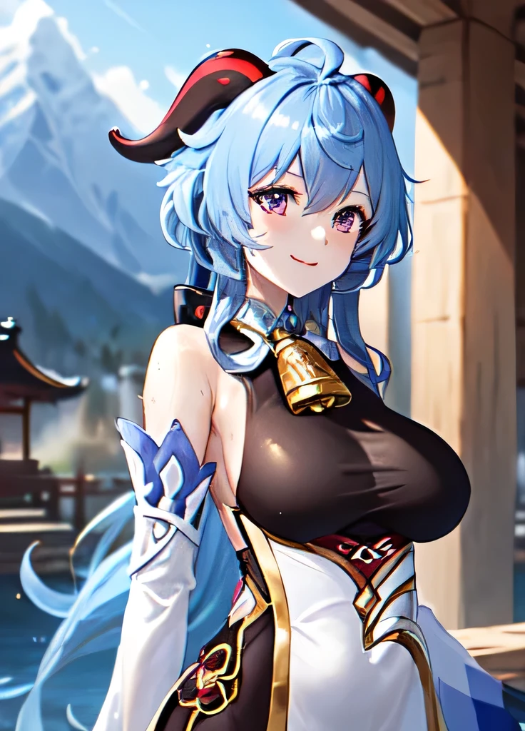 ganyudef, (mature face: 1.3), upper body, smil, flush, cool, day, simple backround, blauer heaven, Very big breasts, short hairs, Wet Clothes, Splashed Breasts, heaven, temple, watch viewer, stair, mountain, atmospheric lighting,
