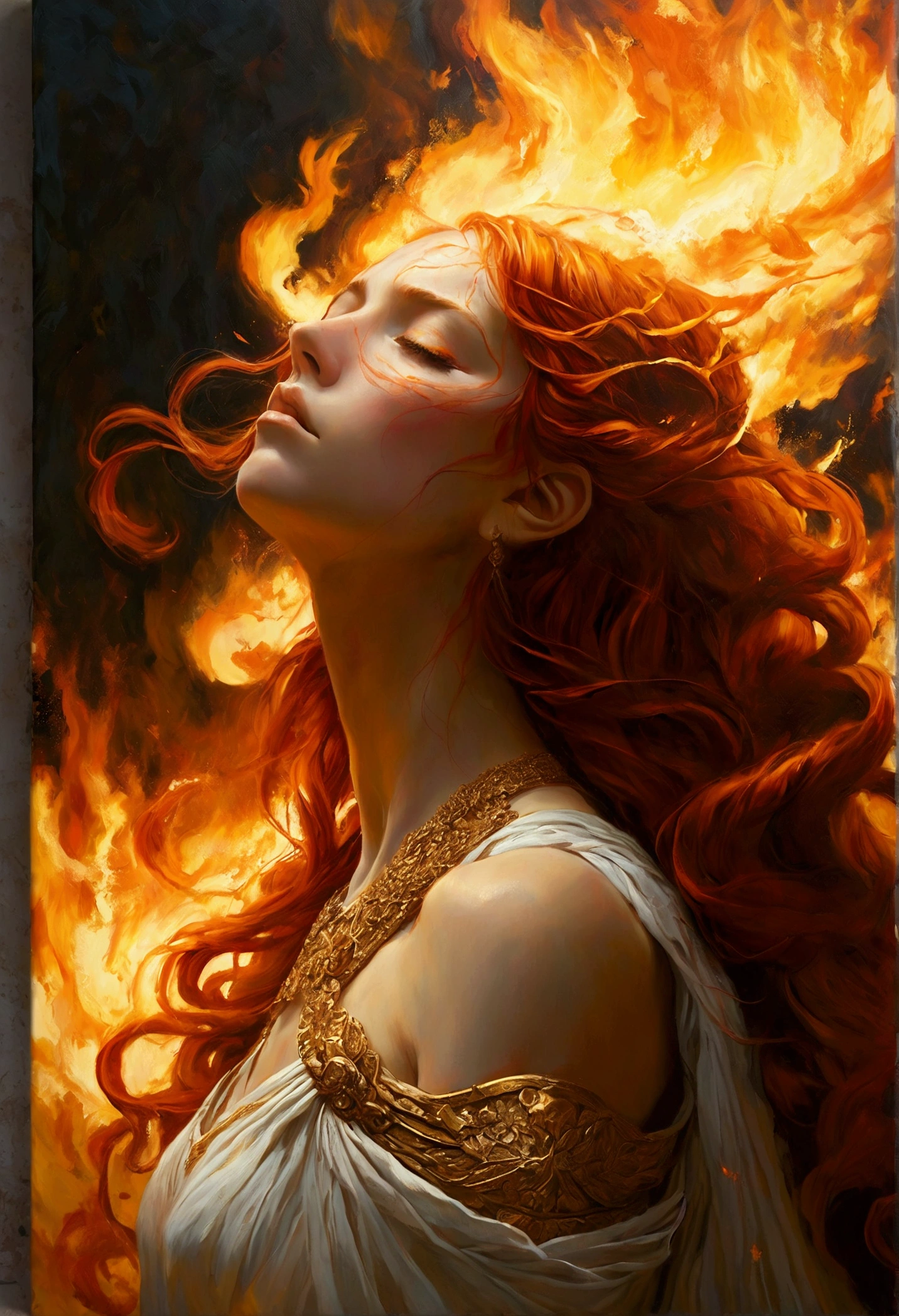 Create a detailed and expressive painting of a fire goddess with long red hair in the foreground. The goddess should be centred in the image with her head slightly tilted back, her eyes closed and an expression of great sadness, longing and anger with tears rolling down her cheeks in gold on her face; it reflects the intensity of emotions as in Cabanel's portrait of The Fallen Angel.  His face should be centred to the camera. His shoulders should be visible, while the rest of his body remains outside the frame. The background should feature the element of fire that makes a crown behind his head, composed of a sunny, vibrant element in dark orange and dark yellow tones that create an intense, radiant effect against a black background. The background should be powerful, showing her fury and energy, giving a juxtaposition between the expression of the goddess's face and the background. The hair should give a sense of movement and energy like wind. Use dramatic lighting to highlight the face and hair of the goddess, creating a strong contrast with the fiery background. The artistic style should focus on intricate details and ethereal elements, ensuring that the overall composition appears divine and otherworldly. Maintain the warmth of the colours and fine textures to faithfully replicate the image provided, allowing the figure to be substituted for another while retaining the background and overall style. 