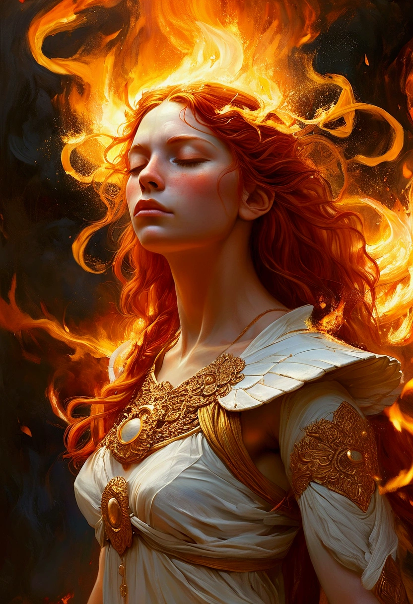 Create a detailed and expressive painting of a fire goddess with long red hair in the foreground. The goddess should be centred in the image with her head slightly tilted back, her eyes closed and an expression of great sadness, longing and anger with tears rolling down her cheeks in gold on her face; it reflects the intensity of emotions as in Cabanel's portrait of The Fallen Angel. His face should be centred to the camera. His shoulders should be visible, while the rest of his body remains outside the frame. The background should feature the element of fire that makes a crown behind his head, composed of a sunny, vibrant element in dark orange and dark yellow tones that create an intense, radiant effect against a black background. The background should be powerful, showing her fury and energy, giving a juxtaposition between the expression of the goddess's face and the background. The hair should give a sense of movement and energy like wind. Use dramatic lighting to highlight the face and hair of the goddess, creating a strong contrast with the fiery background. The artistic style should focus on intricate details and ethereal elements, ensuring that the overall composition appears divine and otherworldly. Maintain the warmth of the colours and fine textures to faithfully replicate the image provided, allowing the figure to be substituted for another while retaining the background and overall style.