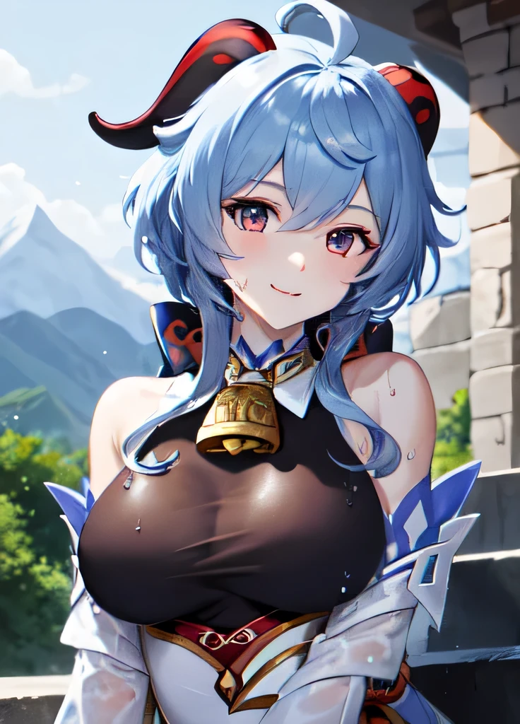 ganyudef, (mature face: 1.3), upper body, smil, flush, cool, day, simple backround, blauer heaven, Very big breasts, short hairs, Wet Clothes, Splashed Breasts, heaven, temple, watch viewer, stair, mountain, atmospheric lighting,