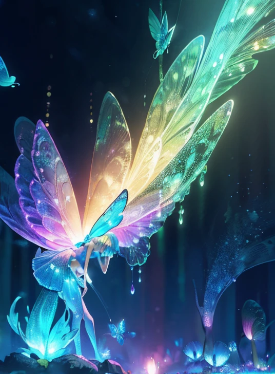 Enchanted mystical girl, neon colored butterflies, mini golden fairies, Glowing mushrooms releasing pollen., (ultrarealistic), {Extremely detailed 8k CG unit wallpaper}, (a low view that prioritizes the entire scene), (open field view), (low angle shot), (stand out: 1.5), (low light: 1.0), (warm light source: 1.0), complex details, (iridescent colors: 1.5), (bright lighting), (atmospheric lighting), nature, magical