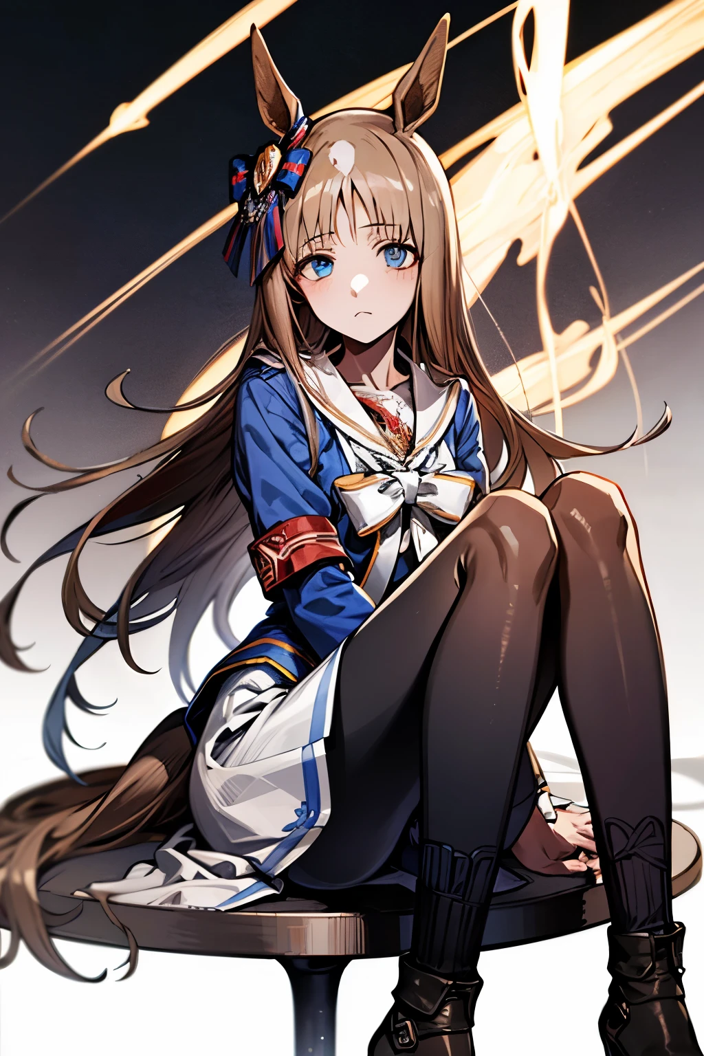 grass wonder \(Umamusume\), 1 girl, Solo, Best Quality, masterpiece, 8K, High resolution, Ultra-detailed, sitting, holding her knees, Blue jacket, White sailor color, Long sleeves, White skirt, black pantyhose,
