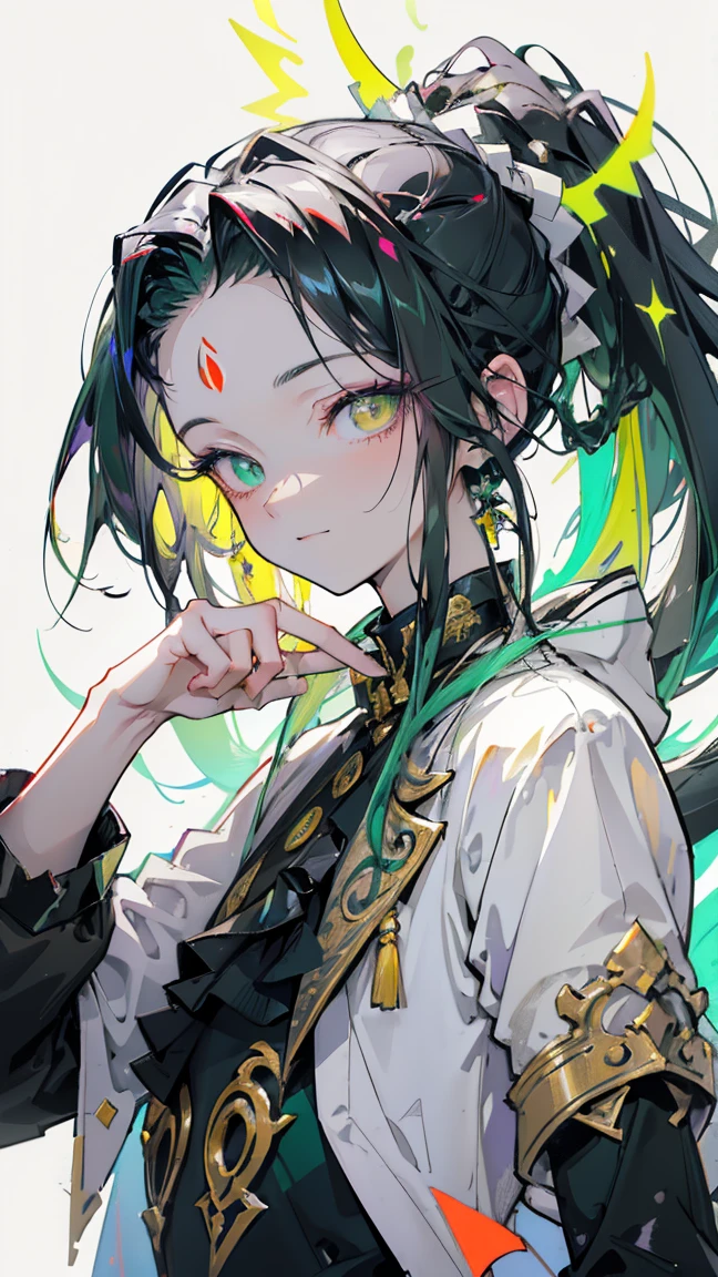 cheerful boy aristocrat open forehead. dark green hair braided in a ponytail on the left side to one side. sinuous black horns wrapped in dark green ribbon. pale green eyes. in short dark green shorts. long white T-shirt. dark green knee-high socks. a white long robe with a hood flutters in the wind. black ancient stone walls of the castle purple light from lamps with gold ornaments, heterochromia, long curly hair, pale skin, I look at the viewer, closed mouth, bright smile, Beautiful, extremely detailed eye, Absolutely amazing art, extremely detailed, Digital art of the highest quality, full length, old piano, ancient walls of a stone castle