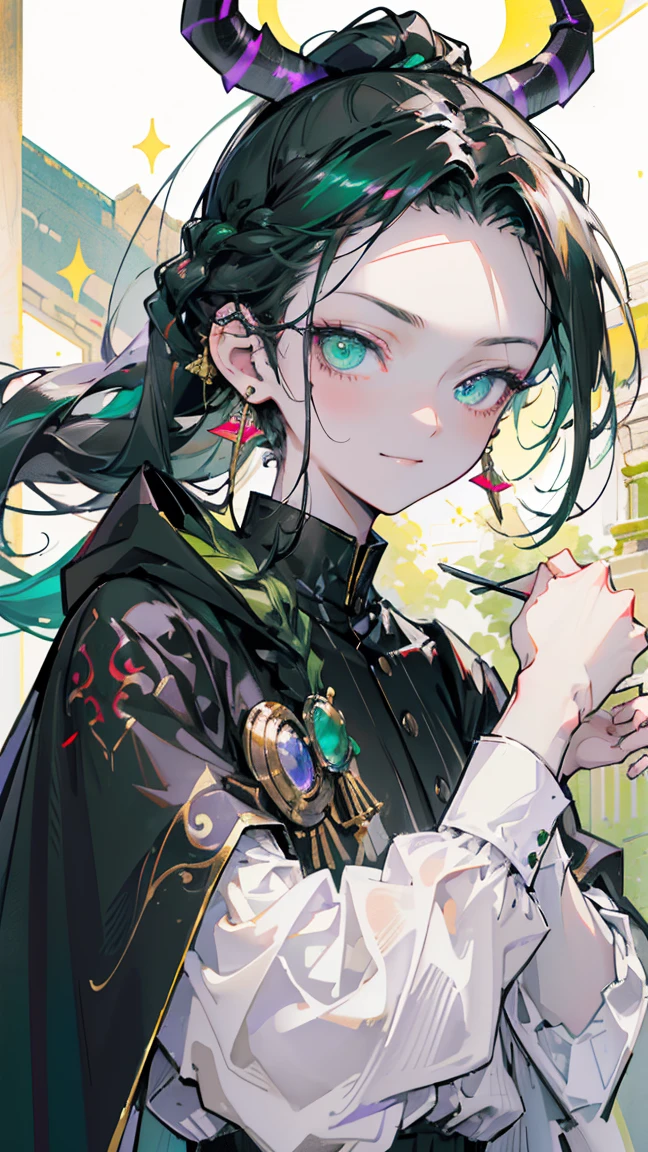 cheerful boy aristocrat open forehead. dark green hair braided in a ponytail on the left side to one side. sinuous black horns wrapped in dark green ribbon. pale green eyes. in short dark green shorts. long white T-shirt. dark green knee-high socks. a white long robe with a hood flutters in the wind. black ancient stone walls of the castle purple light from lamps with gold ornaments, heterochromia, long curly hair, pale skin, I look at the viewer, closed mouth, bright smile, Beautiful, extremely detailed eye, Absolutely amazing art, extremely detailed, Digital art of the highest quality, full length, old piano, ancient walls of a stone castle 