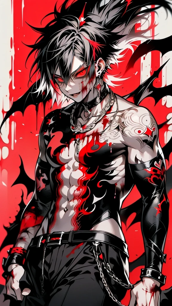 anime boy, A powerful half-demon character, ((with black and white hair)), ((red demonic eyes)), ((and intricate dragon tattoos)), black pants, emerging from a smoky, dark environment, ((blood-red accents)), intense expression, sharp focus, high detail, fantasy world, dark background, clean design, epic, artstation, colorful paint splatter, silhouette, hyper detailed intricate details, unreal engine, fantasy, splash screen, complementary colors, deviantart masterpiece, oil painting, heavy strokes, paint dripping, indifferent expression