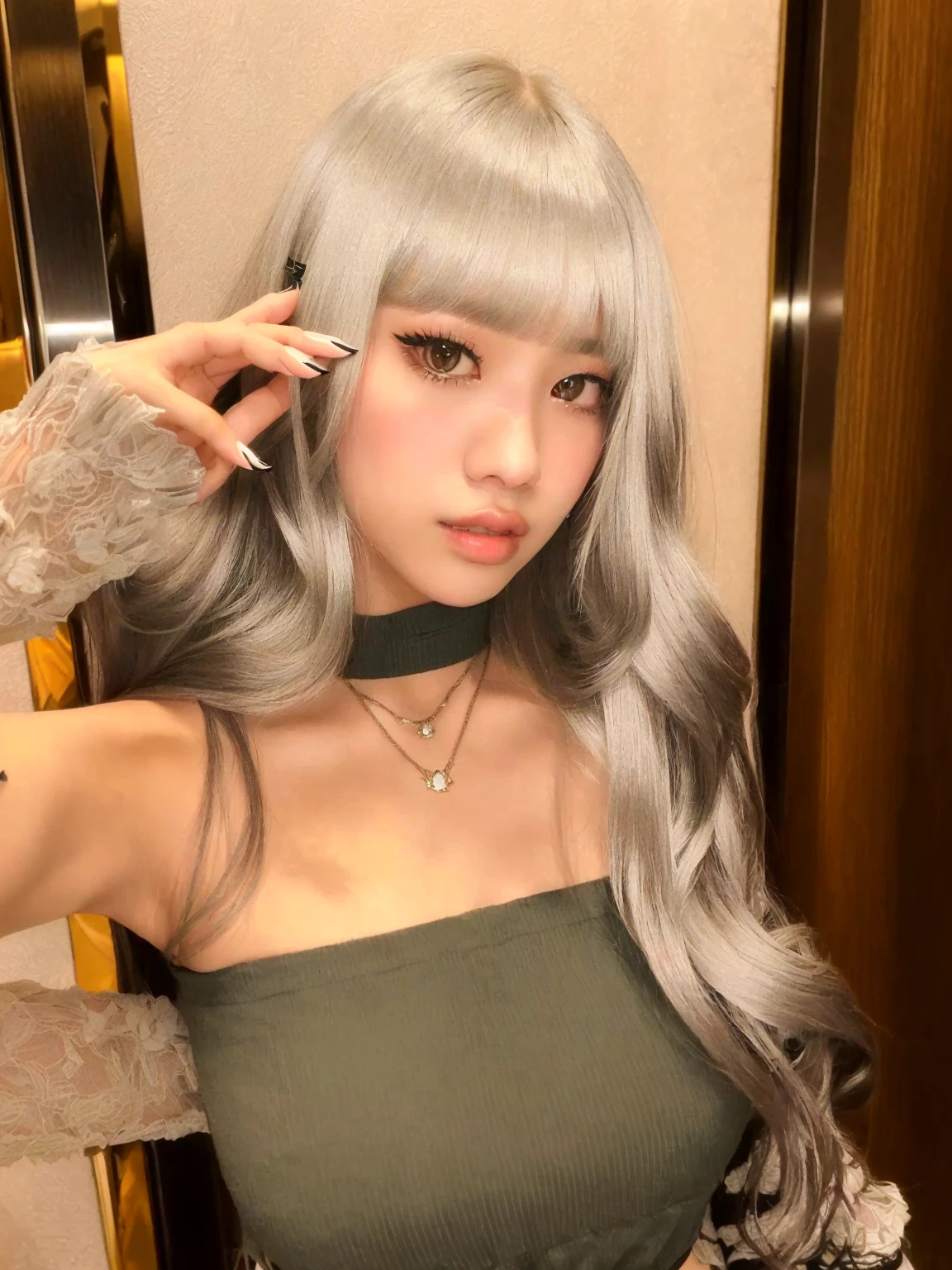 Araffe woman with long hair and choker posing for a photo., long hair with bangs completo, long hair with bangs, Lalisa Manoban of Blackpink, with bangs completo, lalisa manobal, with bangs, long white hair and bangs, the hime cut, roseanne park by blackpink, she has black hair with bangs, ulzzang