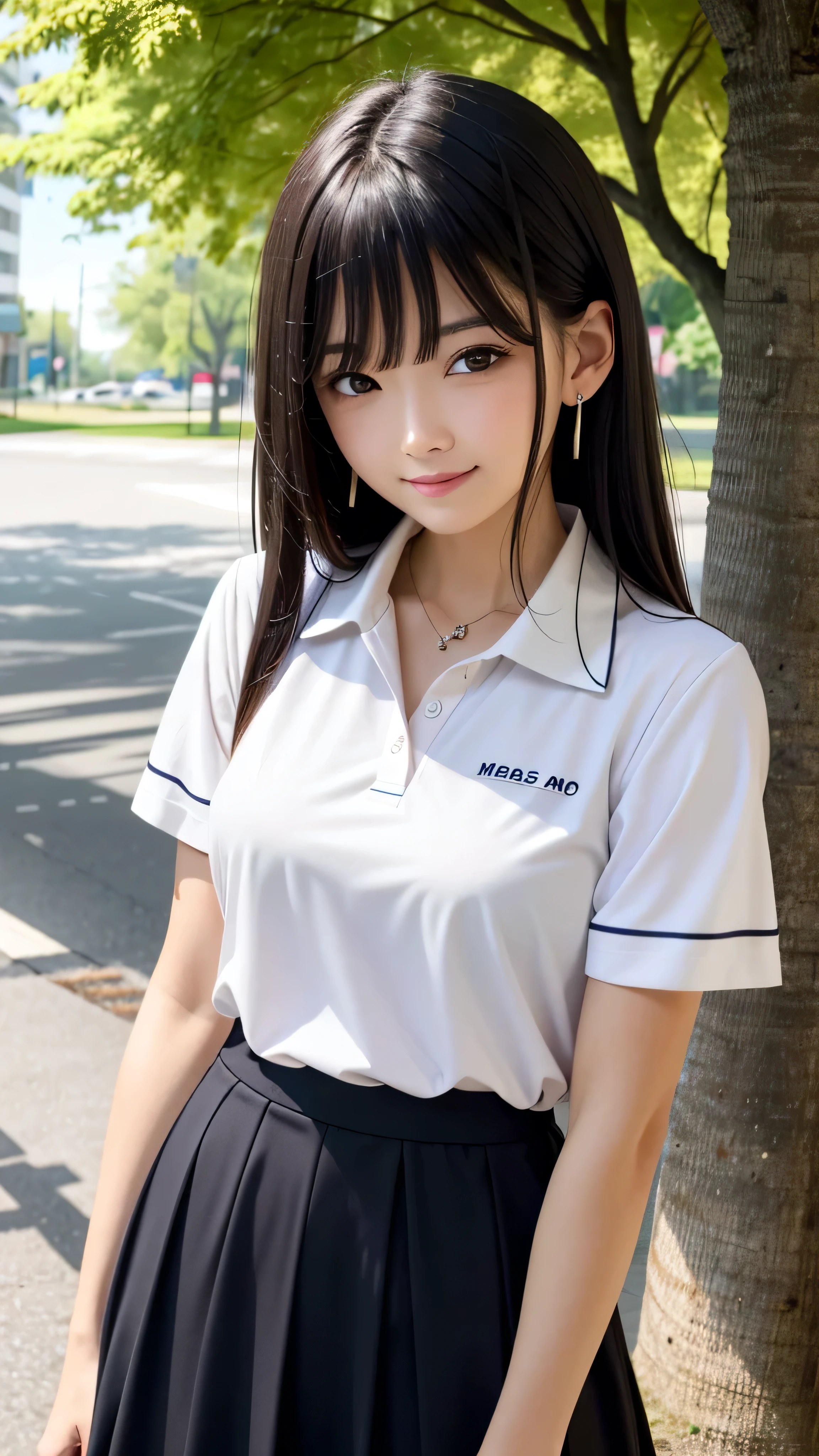 ((best quality)), ((masterpiece)), (details), one girl, sexy ((best quality)), ((masterpiece)), (details), one girl, sexy ((best quality)), ((masterpiece)), (details), one girl, full body, sexy expensive body, expensive, long legs, mature woman, mature, adult, it_nagatoro_main, Hayase Nagatoro, one girl, blushing, alone, uniform polo shirt, short sleeves, black hair,brown eyes, hair accessory, looking at viewer, hair clip, smiling, long hair, dark skinned woman, dark skin, , bangs, daytime, skirt, collared shirt, collarbone, ear clip, mouth closed, tree, asymmetrical bangs, upper body