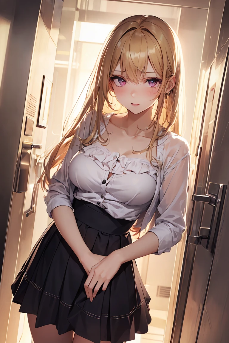 masterpiece, absurdres, best quality, ultra detailed, high Resolution, detailed illustration, bright colour, (extremely beautiful detailed face and eyes, Delicate beautiful face, 1 girl, 18yo, cute face:1.3), (magenta eyes:1.1), sparkling eyes, big eyes, (medium breasts:1.3), (perky breasts:1.1), (pointy breasts:1.1), medium hips, glamorous body, white skin, BREAK, (blonde hair:0.8), messy hair, detailed hair, shiny hair, BREAK (casual blouse, frill skirt, undressed:1.3), perfect lighting, (ecstasy, vulgarity:1.5), (embarrassed:1.3), (1 boy, hetero, touch hip, panty, elevator:1.3),