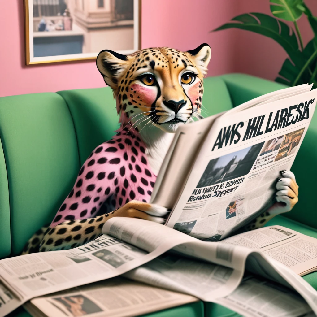 Realism，Pink cheetah sitting on the sofa reading newspaper，There is a leopard in the newspaper, Humanoid pink cheetah, Inspired by Chris Labroy, by Emma Andijewska, By Dietmar Damelau, read newspaper, by Leila Faithful, author：Natalie Ratner, inspired by wes anderson, newspaper photography, toiletpaper magazine, by Anna Haifesch