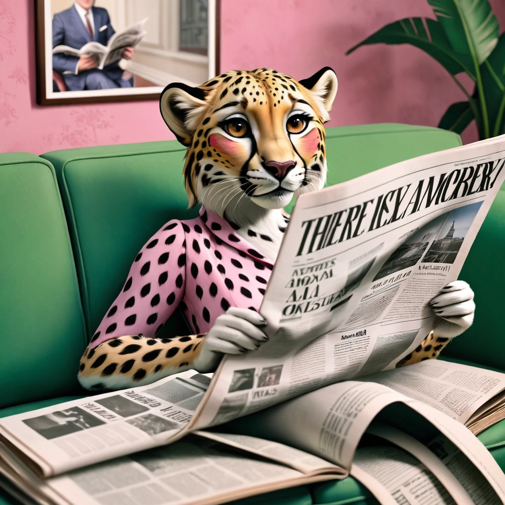 Realism，Pink cheetah sitting on the sofa reading newspaper，There is a leopard in the newspaper, Humanoid pink cheetah, Inspired by Chris Labroy, by Emma Andijewska, By Dietmar Damelau, read newspaper, by Leila Faithful, author：Natalie Ratner, inspired by wes anderson, newspaper photography, toiletpaper magazine, by Anna Haifesch